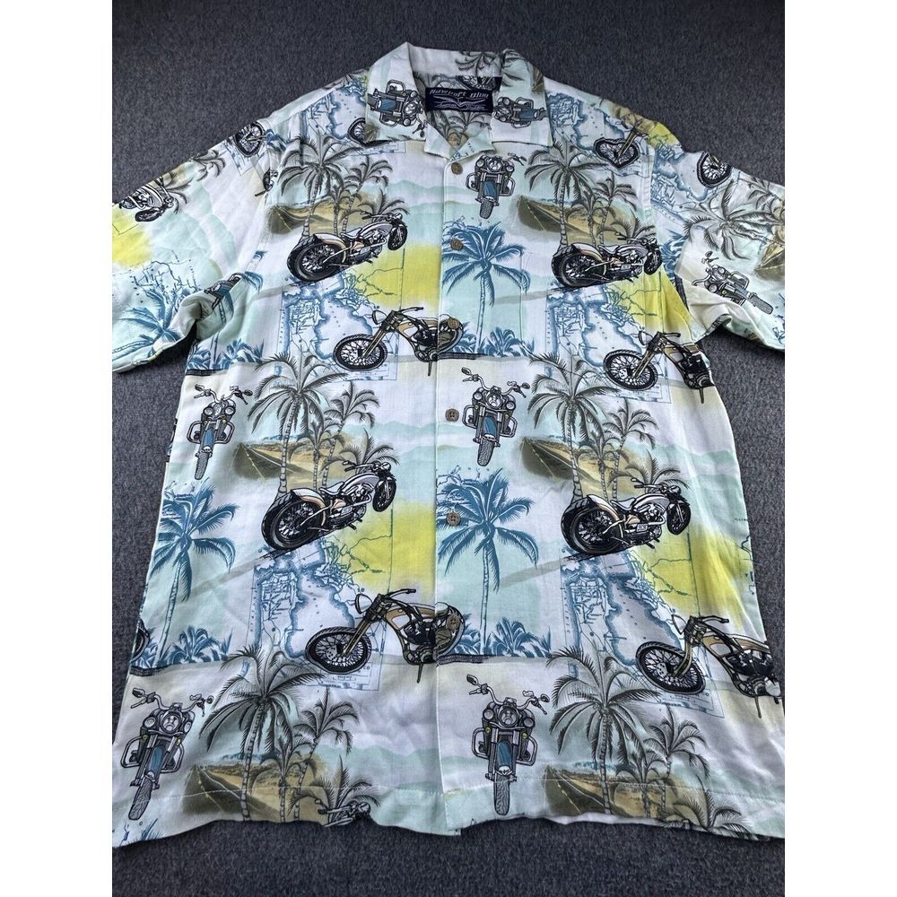 Newport Blue Shirt Mens‎ Large Blue White Yellow Button Up Tropical Motorcycles